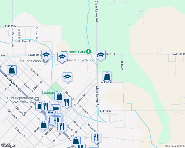 map of restaurants, bars, coffee shops, grocery stores, and more near 108 Rainbow Circle in Buhl