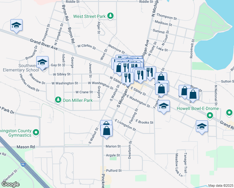 map of restaurants, bars, coffee shops, grocery stores, and more near 110 West Washington Street in Howell