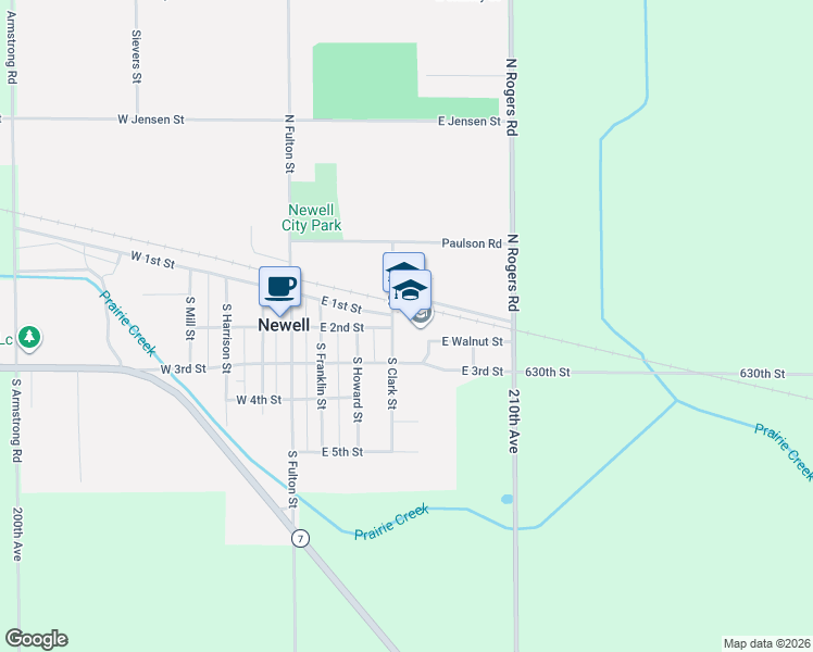 map of restaurants, bars, coffee shops, grocery stores, and more near 205 S Clark St in Newell