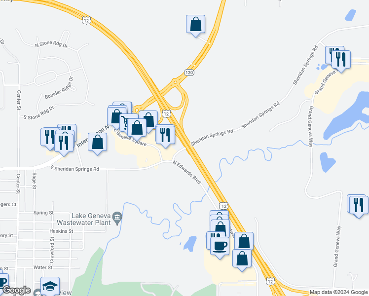map of restaurants, bars, coffee shops, grocery stores, and more near 616 Sheridan Springs Road in Lake Geneva