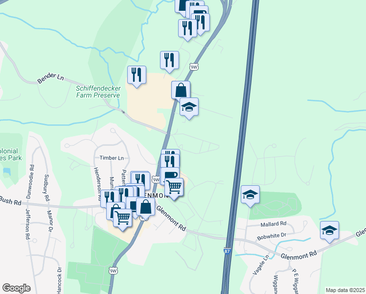 map of restaurants, bars, coffee shops, grocery stores, and more near 344 Route 9W in Glenmont