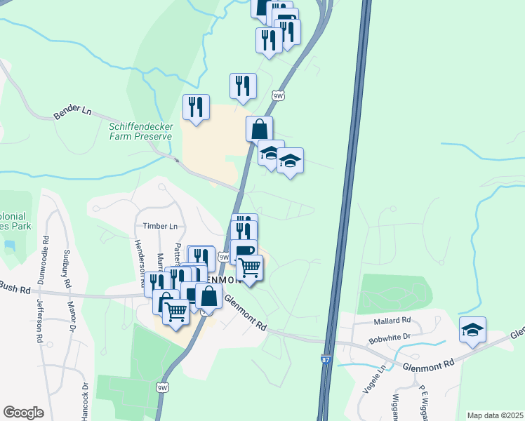 map of restaurants, bars, coffee shops, grocery stores, and more near 344 Route 9W in Glenmont