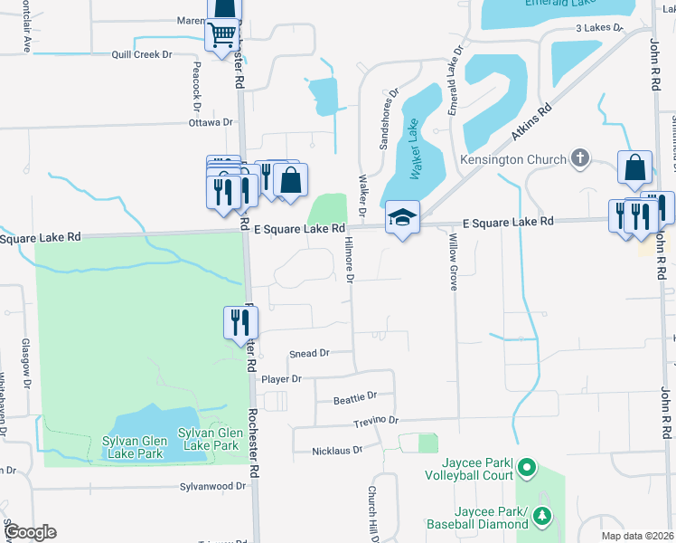 map of restaurants, bars, coffee shops, grocery stores, and more near 1144 Fairways Boulevard in Troy