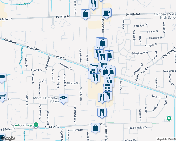 map of restaurants, bars, coffee shops, grocery stores, and more near 42125 Queen Victoria Court in Charter Township of Clinton