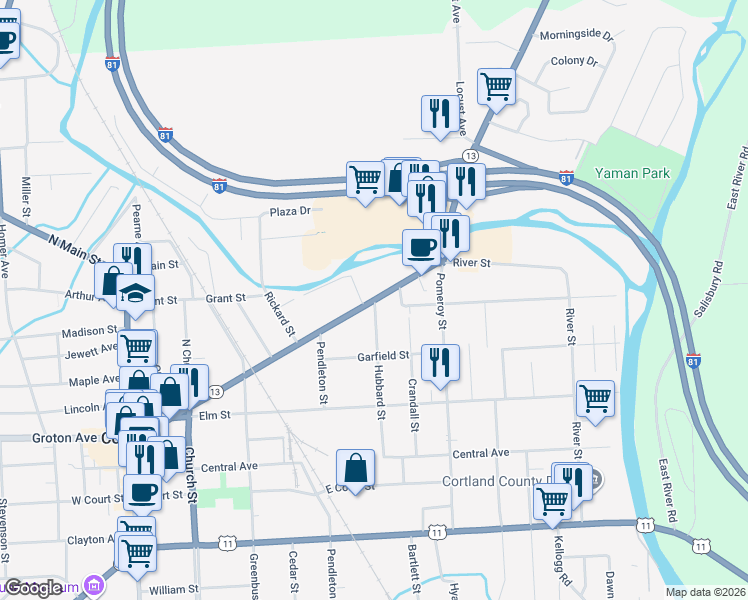 map of restaurants, bars, coffee shops, grocery stores, and more near Clinton Avenue in Cortland