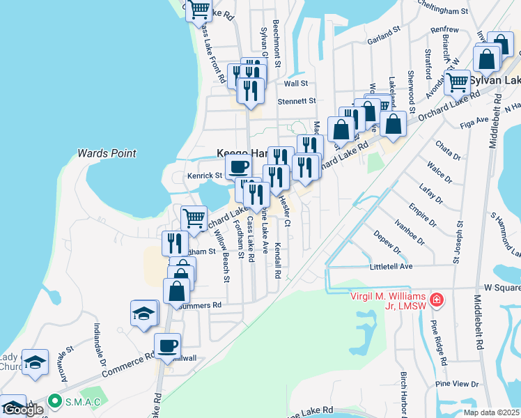 map of restaurants, bars, coffee shops, grocery stores, and more near 2910 Orchard Lake Road in Keego Harbor