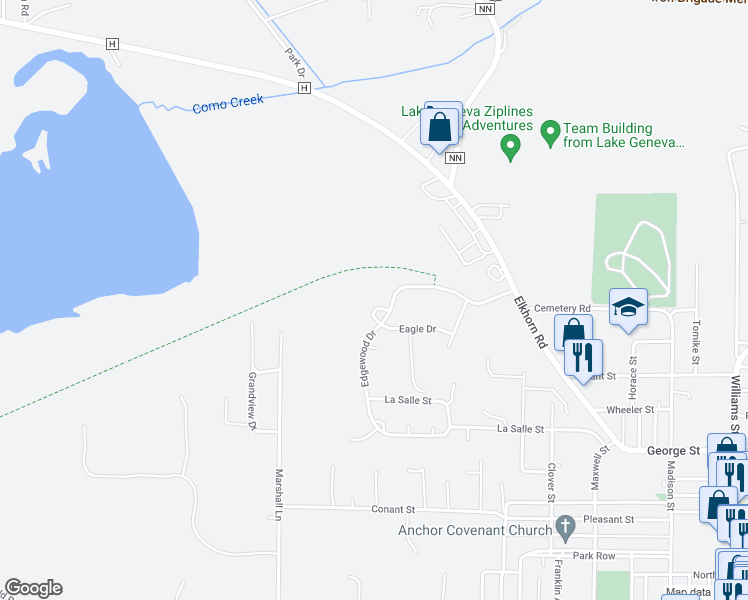 map of restaurants, bars, coffee shops, grocery stores, and more near 1330 Edgewood Court in Lake Geneva