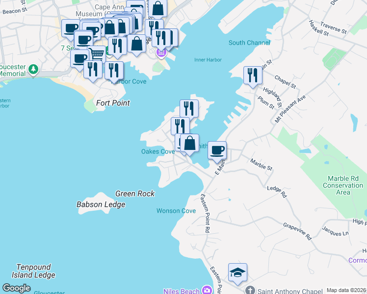 map of restaurants, bars, coffee shops, grocery stores, and more near 43 Rocky Neck Avenue in Gloucester