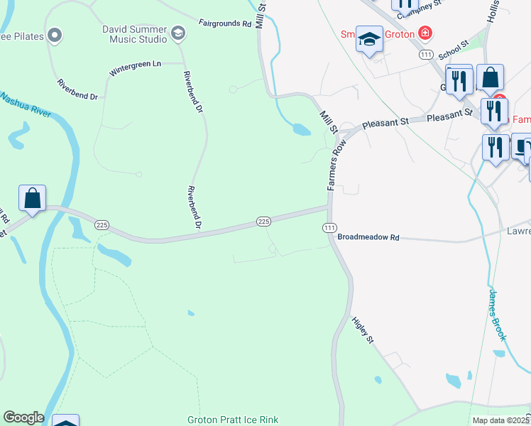 map of restaurants, bars, coffee shops, grocery stores, and more near 46 Long Hill Road in Groton