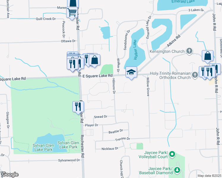 map of restaurants, bars, coffee shops, grocery stores, and more near 1138 Fairways Boulevard in Troy