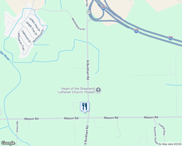 map of restaurants, bars, coffee shops, grocery stores, and more near 402 North Burkhart Road in Howell