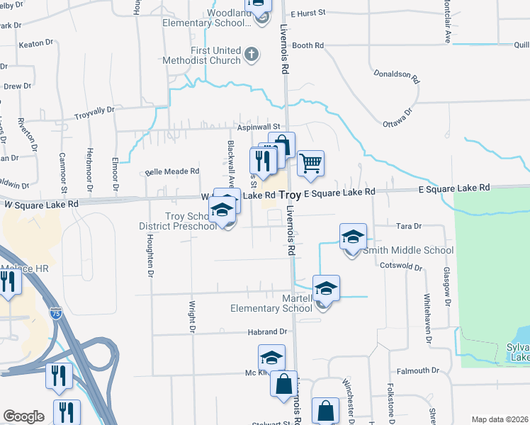 map of restaurants, bars, coffee shops, grocery stores, and more near 75 West Square Lake Road in Troy