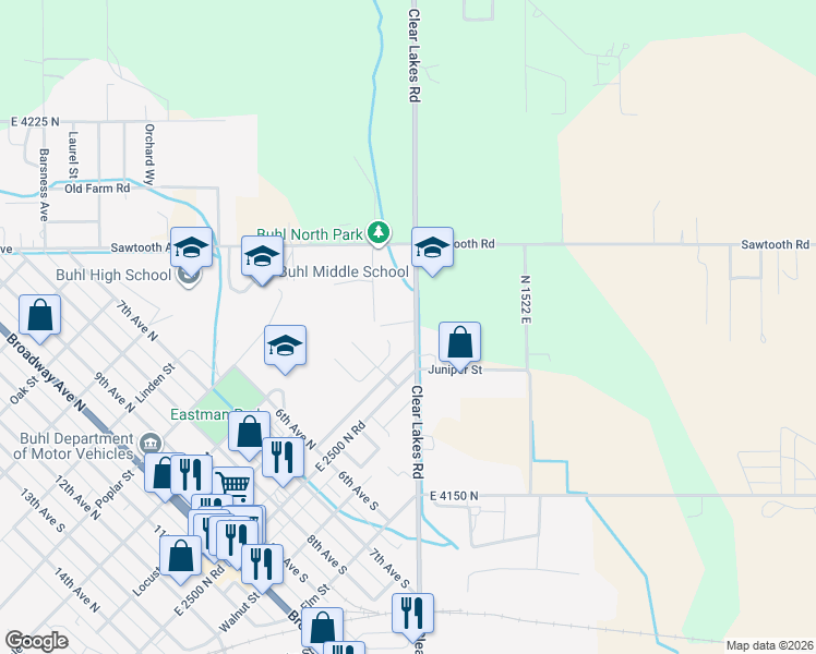 map of restaurants, bars, coffee shops, grocery stores, and more near 108 Rainbow Circle in Buhl