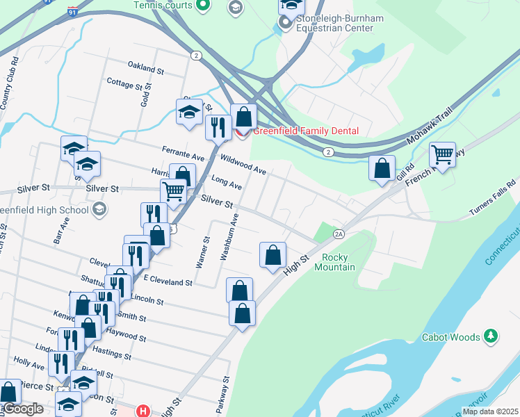map of restaurants, bars, coffee shops, grocery stores, and more near 8 Raingley Road in Greenfield
