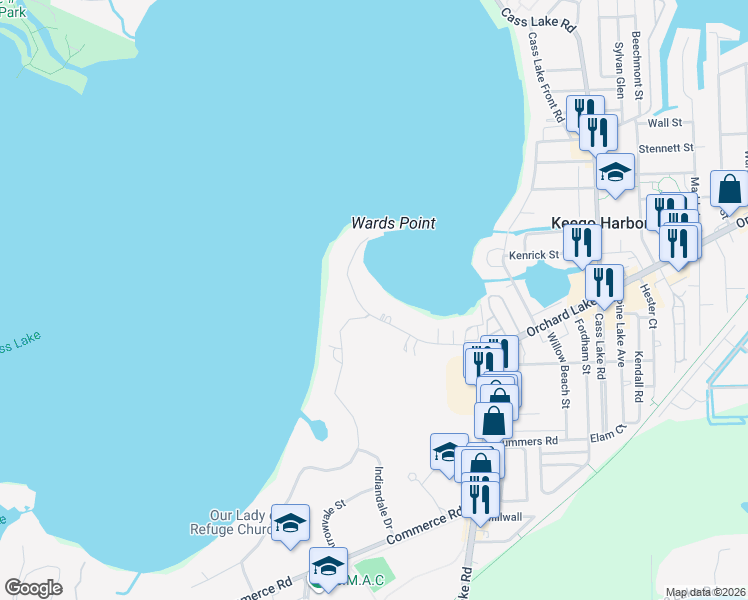 map of restaurants, bars, coffee shops, grocery stores, and more near 3560 Wards Point Drive in West Bloomfield Township