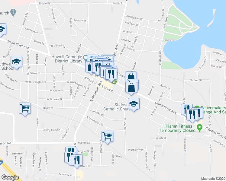 map of restaurants, bars, coffee shops, grocery stores, and more near 307 East Grand River Road in Howell