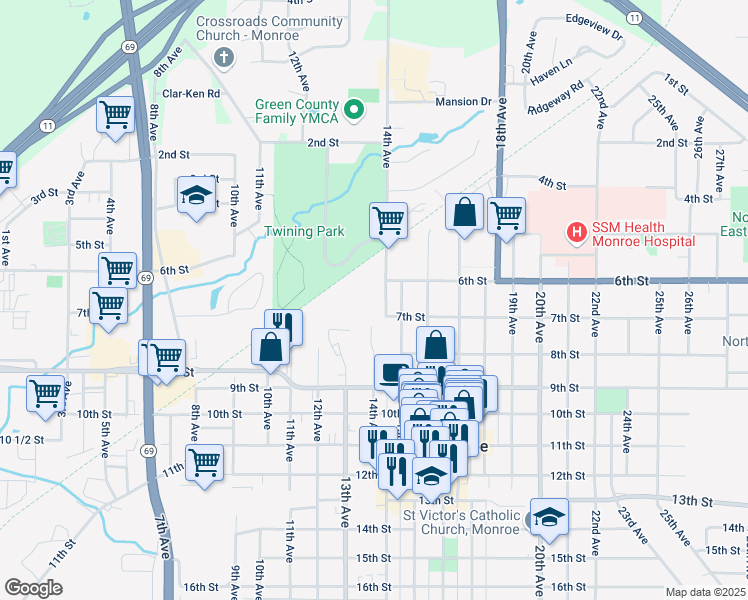 map of restaurants, bars, coffee shops, grocery stores, and more near 621 14th Avenue in Monroe