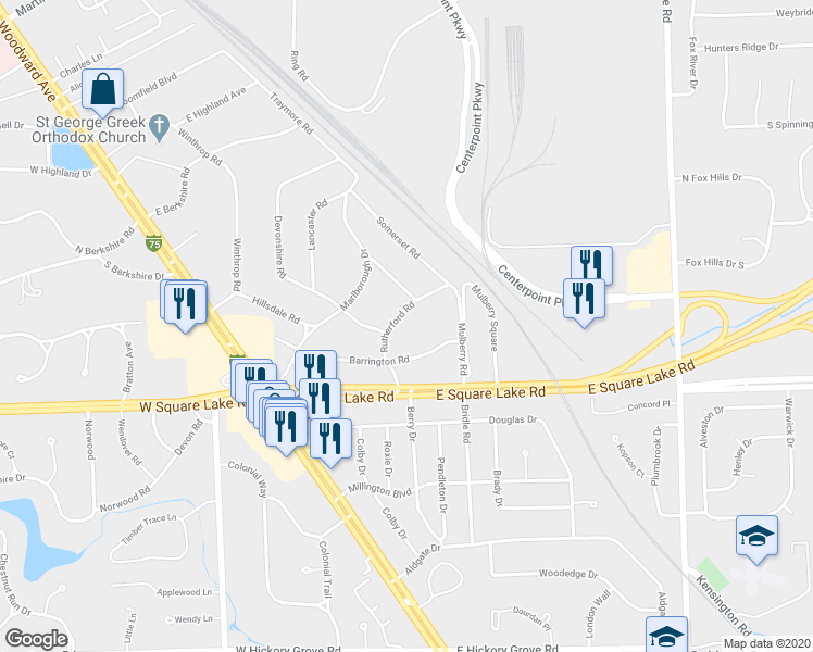 map of restaurants, bars, coffee shops, grocery stores, and more near 2373 Rutherford Road in Bloomfield Hills