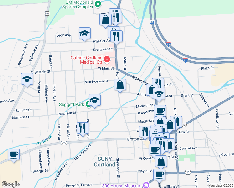 map of restaurants, bars, coffee shops, grocery stores, and more near 88 Homer Avenue in Cortland