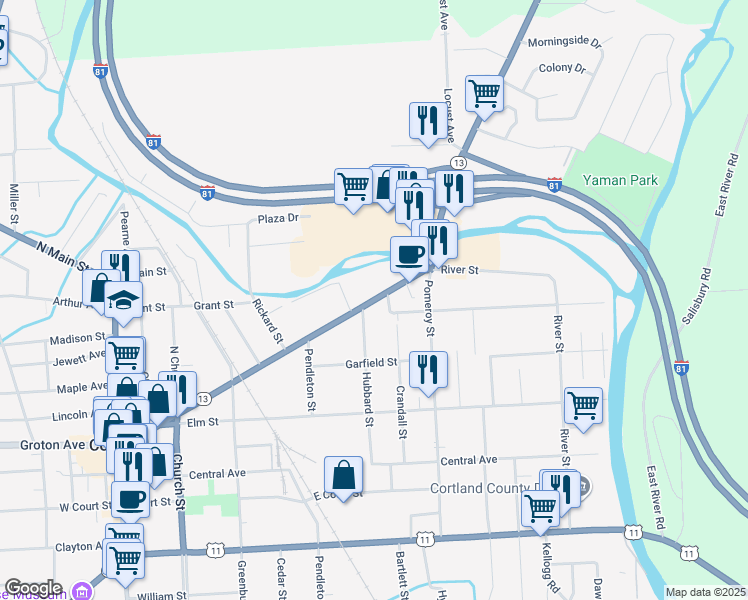 map of restaurants, bars, coffee shops, grocery stores, and more near Clinton Avenue in Cortland