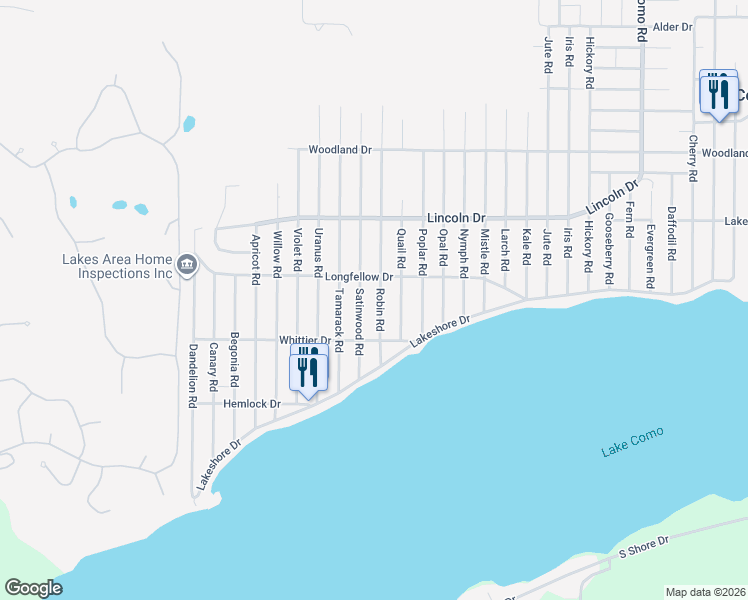 map of restaurants, bars, coffee shops, grocery stores, and more near N3142 Robin Road in Lake Geneva