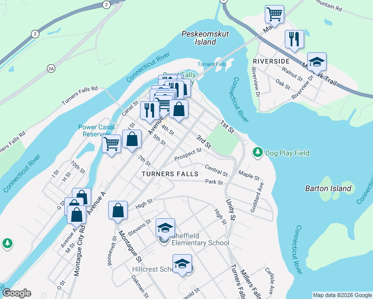 map of restaurants, bars, coffee shops, grocery stores, and more near 112-146 4th Street in Montague