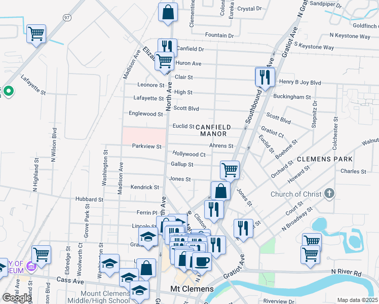 map of restaurants, bars, coffee shops, grocery stores, and more near 26 Hollywood Court in Mount Clemens