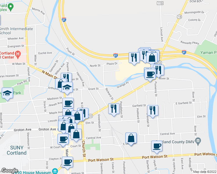 map of restaurants, bars, coffee shops, grocery stores, and more near 27-29 Rickard Street in Cortland
