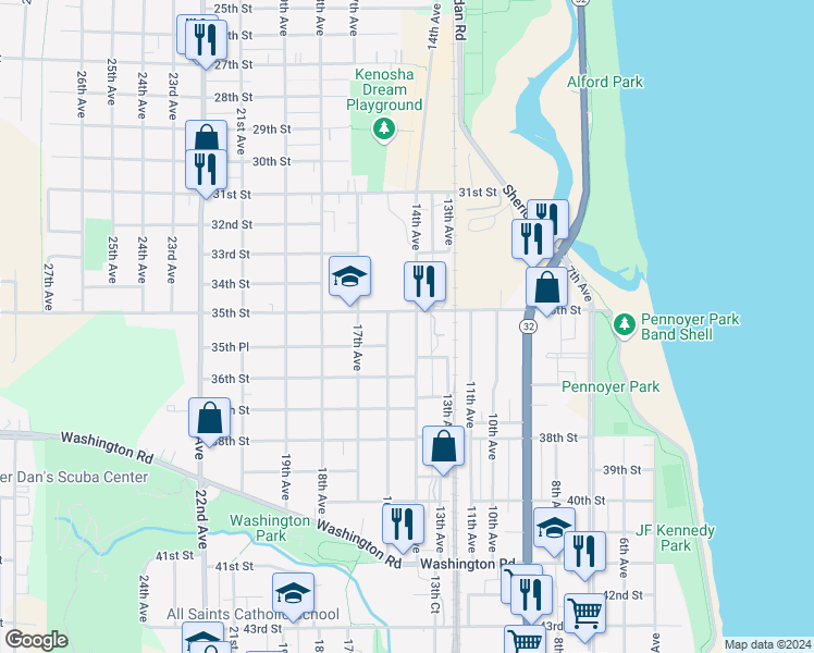 map of restaurants, bars, coffee shops, grocery stores, and more near 1503 35th Street in Kenosha