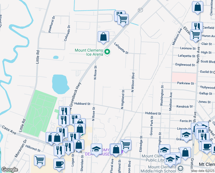 map of restaurants, bars, coffee shops, grocery stores, and more near 164 Comet Street in Mount Clemens