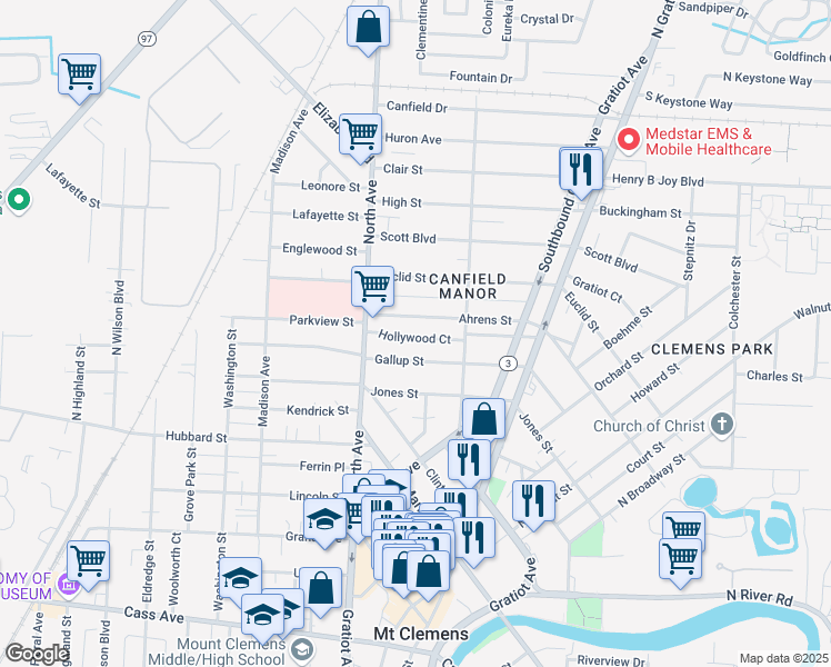 map of restaurants, bars, coffee shops, grocery stores, and more near 26 Hollywood Court in Mount Clemens