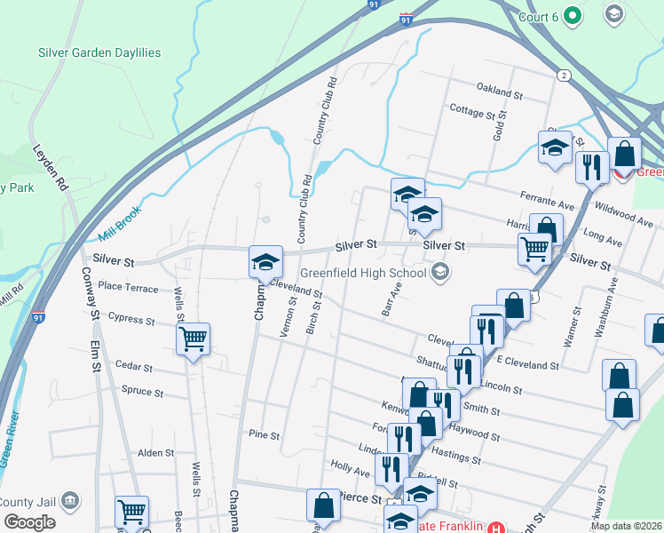 map of restaurants, bars, coffee shops, grocery stores, and more near 115 Birch Street in Greenfield