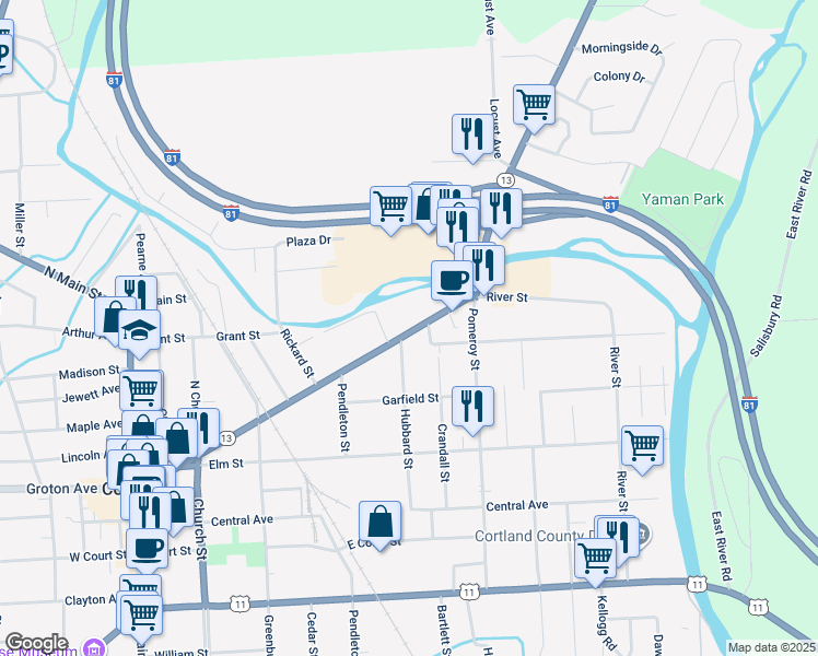 map of restaurants, bars, coffee shops, grocery stores, and more near 130 New York 13 in Cortland
