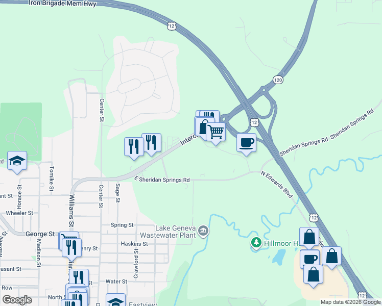 map of restaurants, bars, coffee shops, grocery stores, and more near 200 Interchange North in Lake Geneva