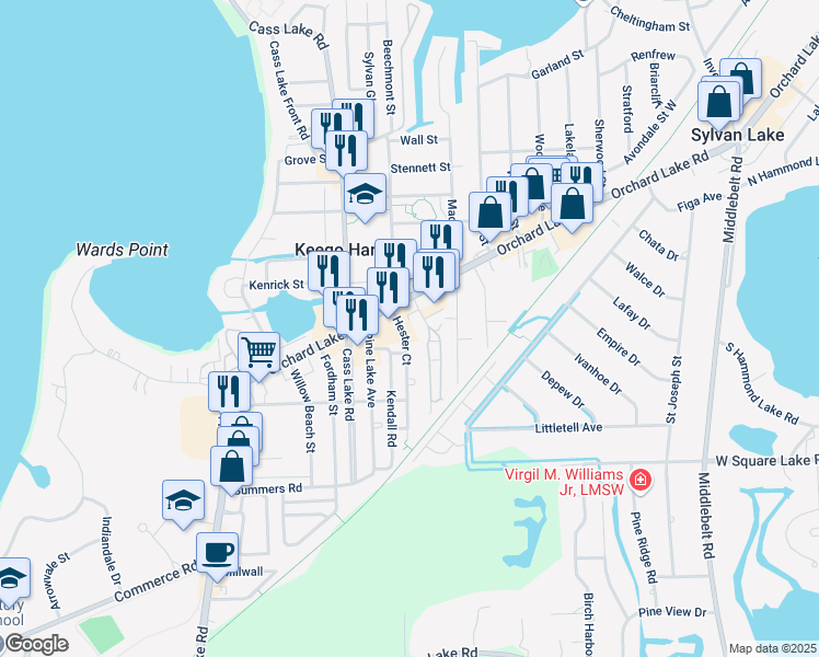 map of restaurants, bars, coffee shops, grocery stores, and more near 2225 Hester Court in Keego Harbor