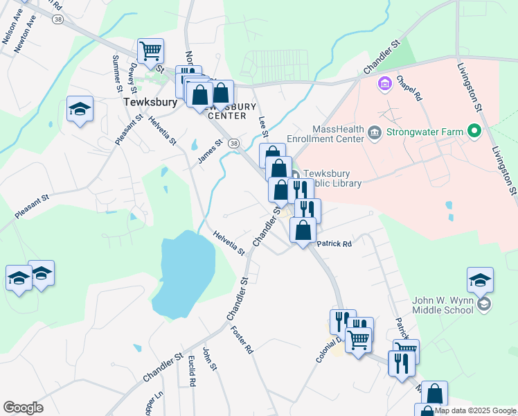 map of restaurants, bars, coffee shops, grocery stores, and more near 6 Jay Street in Tewksbury