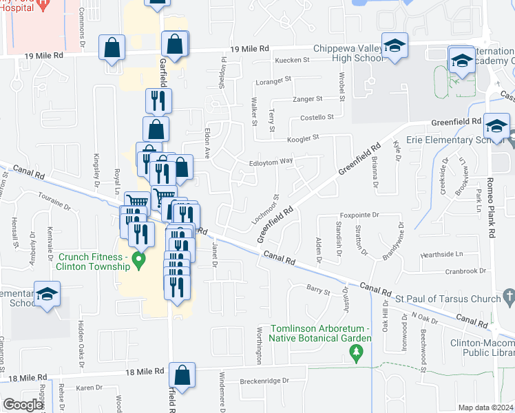 map of restaurants, bars, coffee shops, grocery stores, and more near 42188 Toddmark Lane in Clinton Township