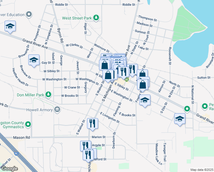 map of restaurants, bars, coffee shops, grocery stores, and more near 110 West Washington Street in Howell
