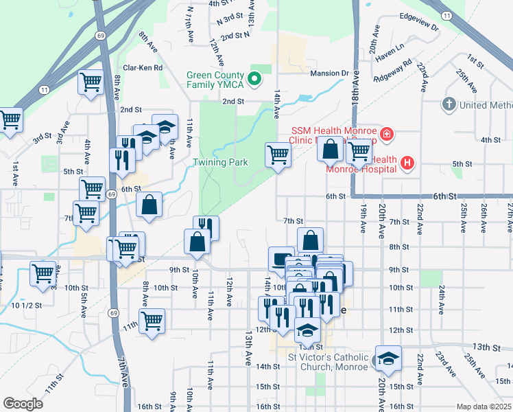 map of restaurants, bars, coffee shops, grocery stores, and more near 621 14th Avenue in Monroe