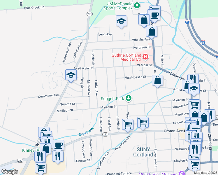 map of restaurants, bars, coffee shops, grocery stores, and more near 64 Floral Avenue in Cortland