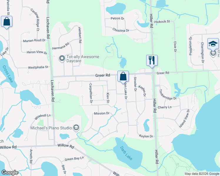 map of restaurants, bars, coffee shops, grocery stores, and more near 6067 Kiev Street in West Bloomfield Township