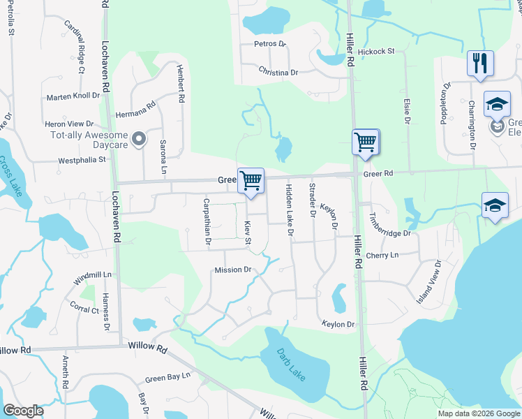 map of restaurants, bars, coffee shops, grocery stores, and more near 6067 Kiev Street in West Bloomfield Township