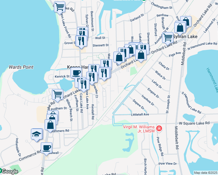 map of restaurants, bars, coffee shops, grocery stores, and more near 2220 Maddy Lane in Keego Harbor