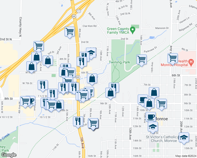 map of restaurants, bars, coffee shops, grocery stores, and more near 705-707 8th Avenue in Monroe