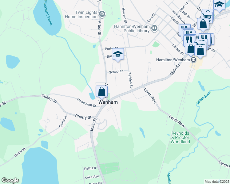 map of restaurants, bars, coffee shops, grocery stores, and more near 149 Main Street in Wenham