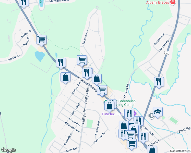 map of restaurants, bars, coffee shops, grocery stores, and more near 13 Forrest Drive in Rensselaer