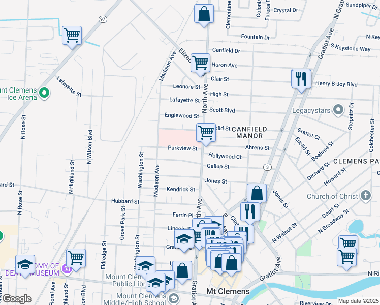 map of restaurants, bars, coffee shops, grocery stores, and more near 11 Parkview Street in Mount Clemens
