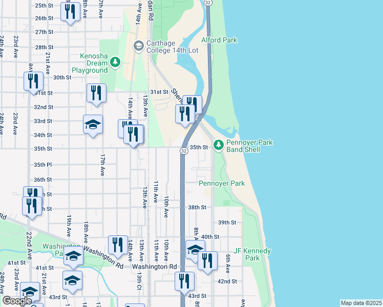 map of restaurants, bars, coffee shops, grocery stores, and more near 3508 7th Avenue in Kenosha