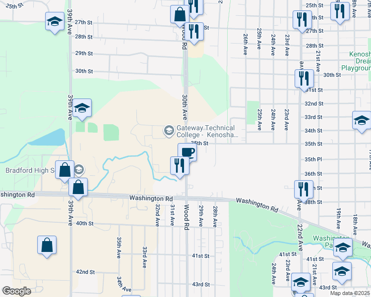 map of restaurants, bars, coffee shops, grocery stores, and more near 3520 30th Avenue in Kenosha