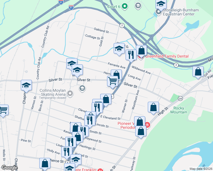map of restaurants, bars, coffee shops, grocery stores, and more near 19 Dickinson Street in Greenfield